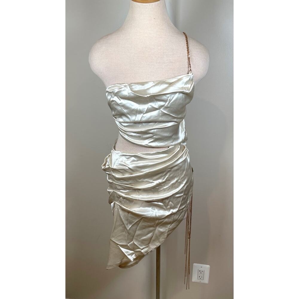 RETROFETE One Shoulder Cutout Asymmetrical Gold Fringe White Mini Dress Sz S